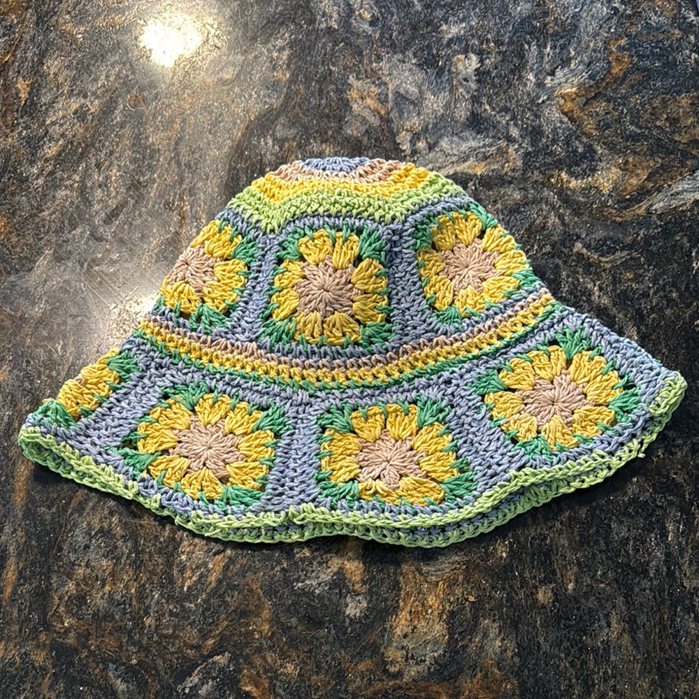 Lulu's Blue and Yellow Floral Crochet Bucket Hat